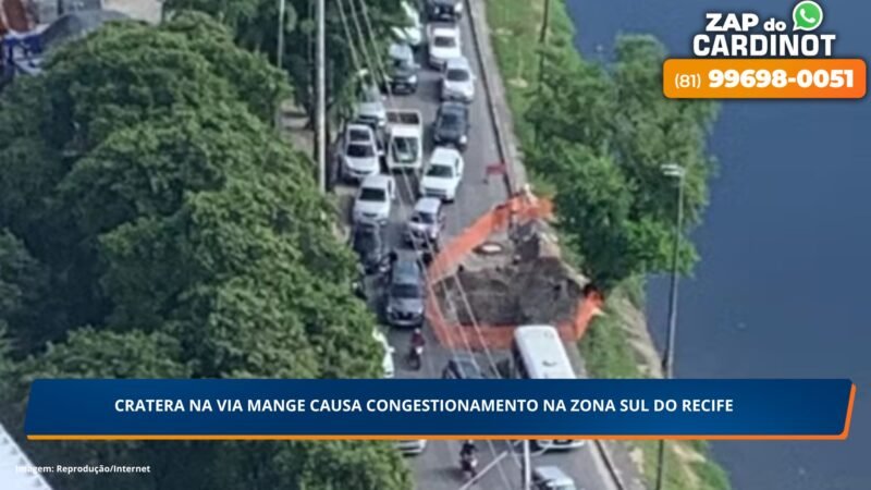 Cratera na Via Mangue provoca congestionamento na Zona Sul do Recife