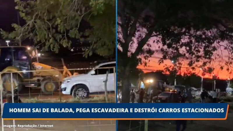 VÍDEO:  Homem sai de balada, pega escavadeira e destrói carros estacionados