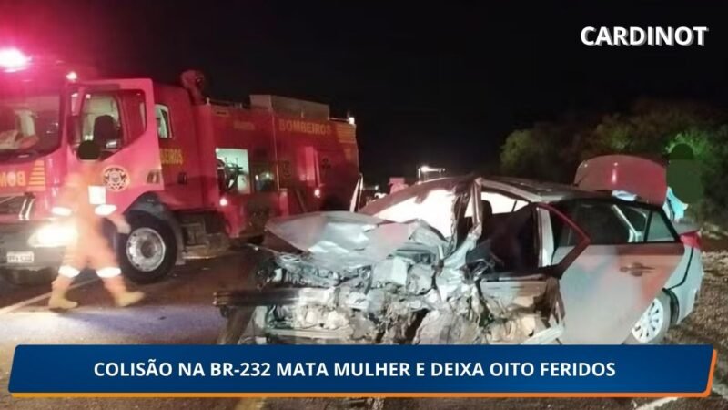 Colisão na BR-232 deixa uma mulher morta e oito feridos em Custódia