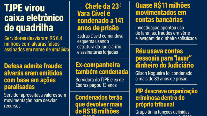 💸 “TJPE virou caixa eletrônico de quadrilha”: Servidores são condenados por desviar R$ 6,4 milhões com alvarás falsos