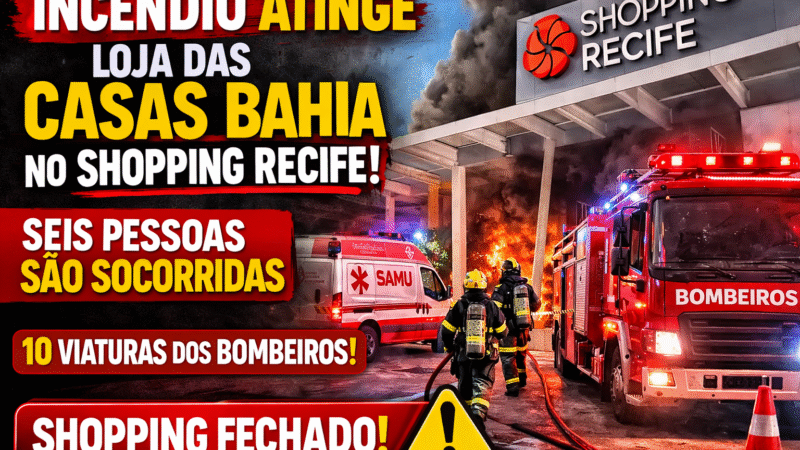 INCÊNDIO ATINGE LOJA DAS CASAS BAHIA NO SHOPPING RECIFE DURANTE A MADRUGADA; SEIS PESSOAS SÃO SOCORRIDAS E SHOPPING É FECHADO