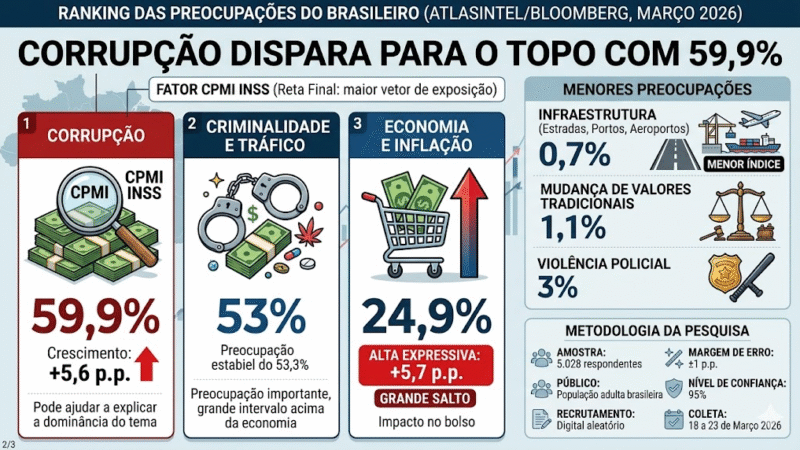O Brasil respira medo: Corrupção dispara e é a maior preocupação de 60% da população, revela AtlasIntel