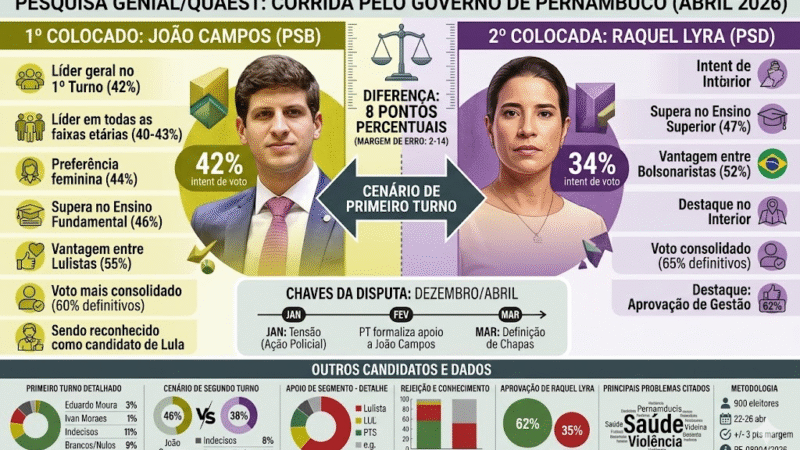 Quaest: João Campos lidera com 42%, mas Raquel encosta e acirra disputa em PE