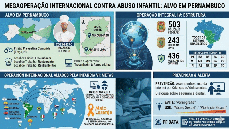 Operação internacional contra abuso infantil prende cozinheiro em PE e cumpre mandados em 15 países