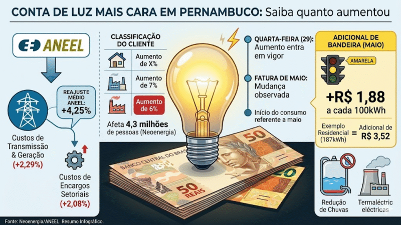 Conta de luz sobe em Pernambuco: veja quanto você vai pagar a mais a partir de maio