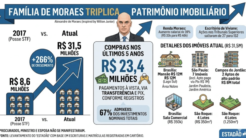 🚨 Família de Alexandre de Moraes triplica patrimônio imobiliário e acumula R$ 31,5 milhões em imóveis, aponta levantamento