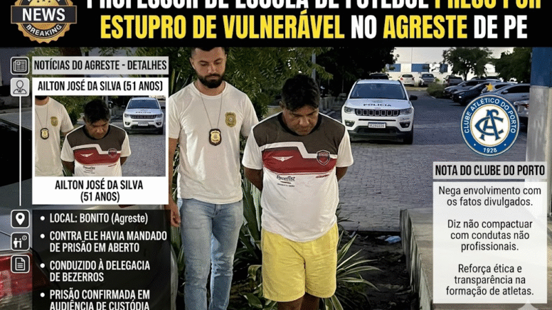 Professor de escola de futebol é preso por estupro de vulnerável no Agreste de Pernambuco