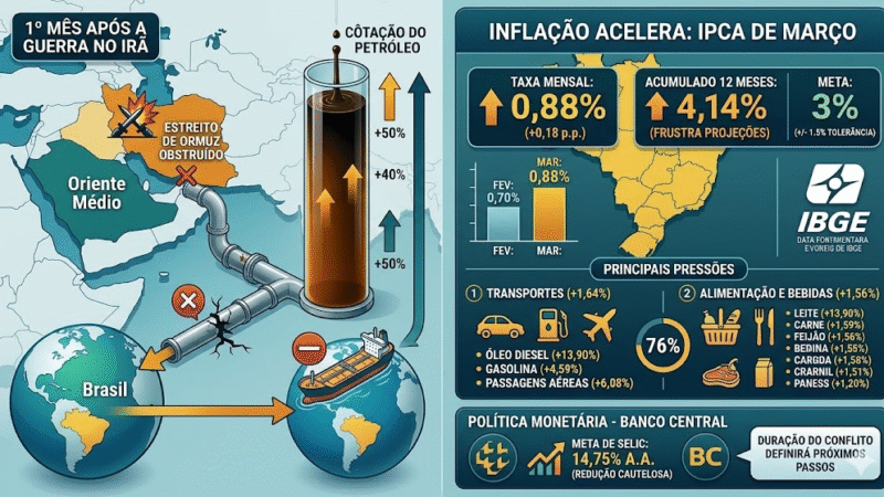 Inflação dispara para 0,88% em março após guerra no Irã e pressiona combustíveis e alimentos