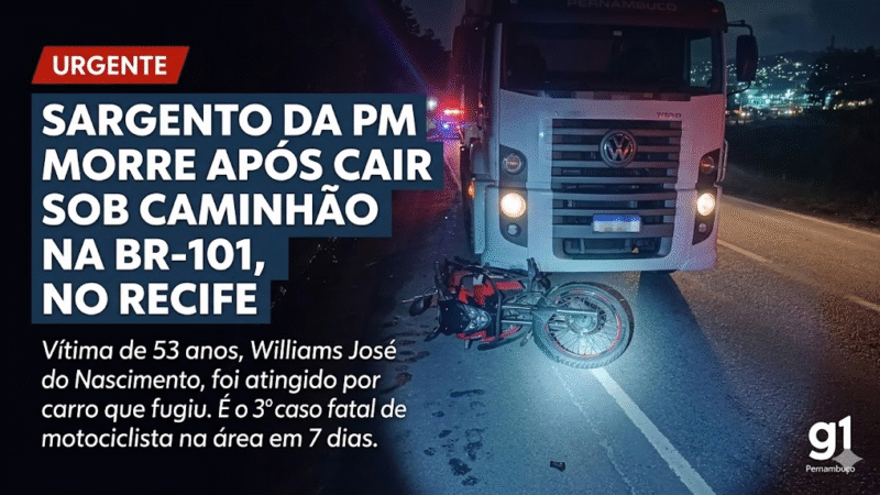 Sargento da PM morre atropelado por caminhão após acidente com moto na BR-101, no Recife