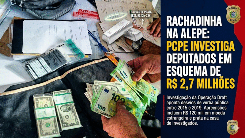 🚨 Polícia investiga deputados por esquema de “rachadinha” que desviou R$ 2,7 milhões em PE