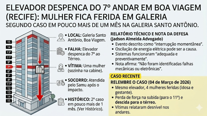 🚨 Elevador despenca do 7º andar em Boa Viagem e deixa mulher ferida; é o segundo caso no mesmo prédio