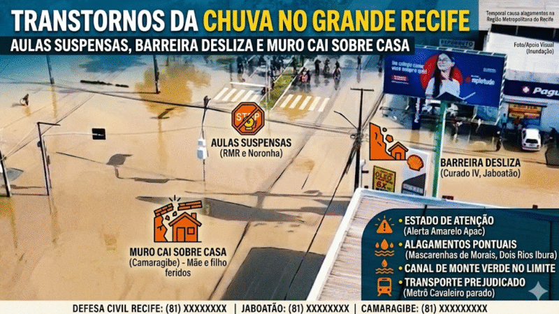 🚨 TEMPORAL CAUSA CAOS NO GRANDE RECIFE: AULAS SUSPENSAS, CASA ATINGIDA E RUAS VIRAM “RIOS”