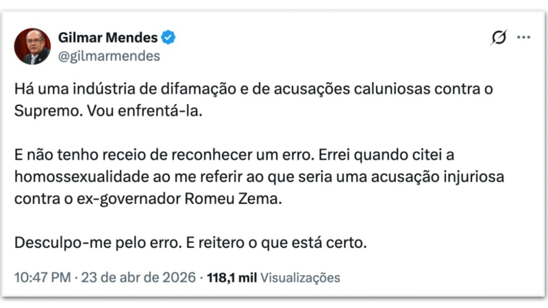 🚨 GILMAR MENDES RECUA APÓS POLÊMICA E PEDE DESCULPAS POR FALA SOBRE “HOMOSSEXUAL”