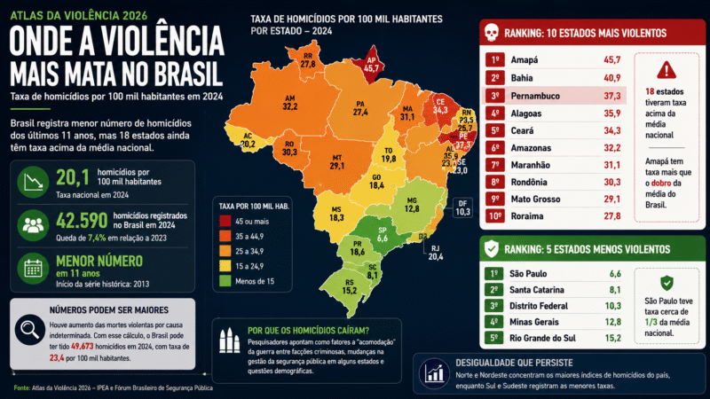 ATLAS DA VIOLÊNCIA 2026: PERNAMBUCO ESTÁ ENTRE OS ESTADOS MAIS VIOLENTOS DO BRASIL; VEJA MAPA E RANKING