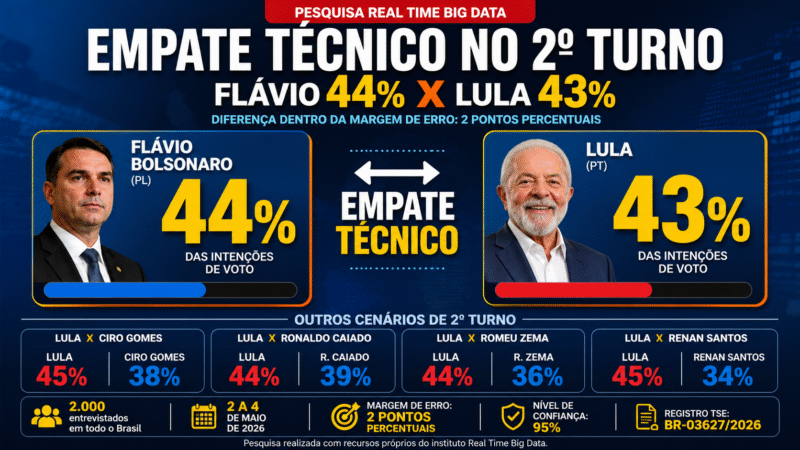 📊 Empate explosivo: Flávio tem 44% e Lula 43% em cenário de 2º turno, diz pesquisa