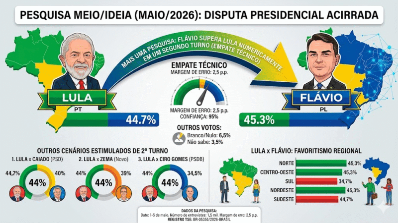 📊 Disputa no limite: Flávio tem 45,3% e Lula 44,7% em novo cenário de 2º turno