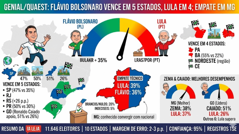 📊 Mapa eleitoral: Flávio lidera em SP, RJ e mais 3 Estados; Lula vence em 4 e empata em MG
