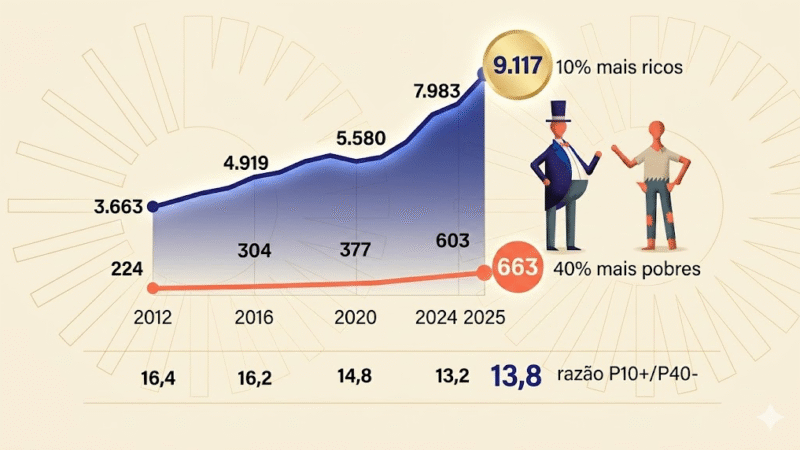 DESIGUALDADE VOLTA A CRESCER NO BRASIL EM 2025; RICOS GANHAM QUASE 14 VEZES MAIS QUE POBRES