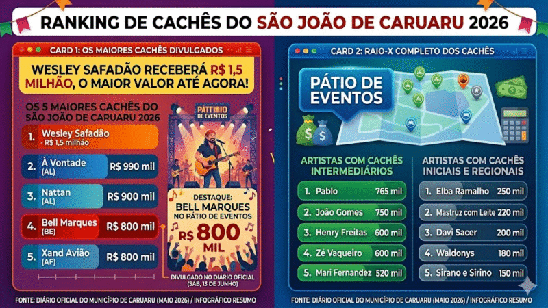 SÃO JOÃO DE CARUARU 2026 TEM CACHÊ MILIONÁRIO: WESLEY SAFADÃO LIDERA LISTA E BELL MARQUES ENTRA NO TOP 5