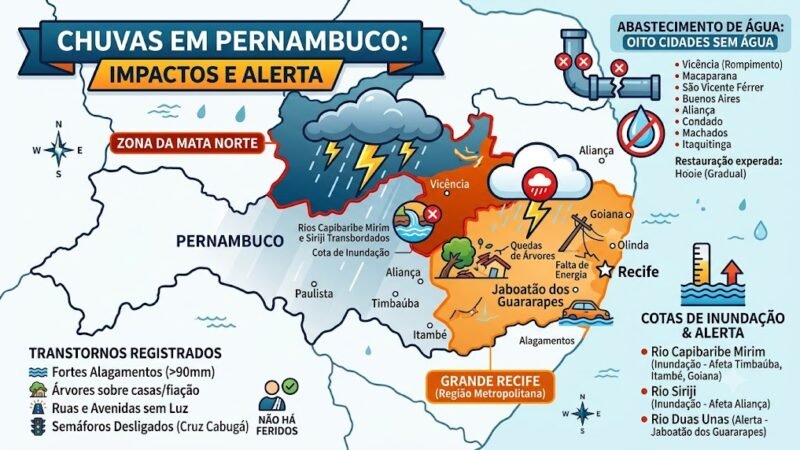 Rios transbordam na Mata Norte e chuvas causam caos no Grande Recife