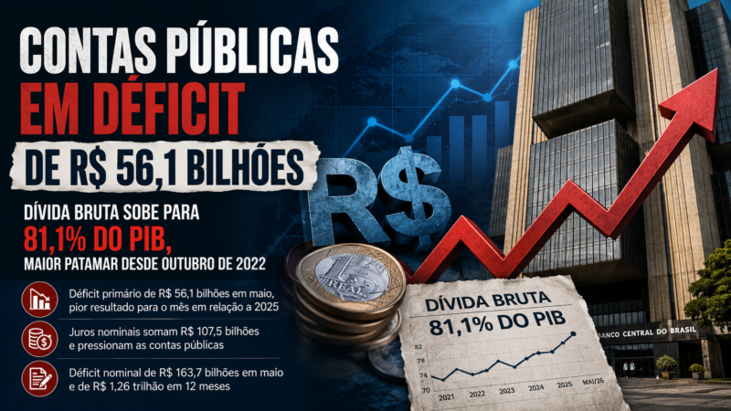Rombo nas contas públicas sobe para R$ 56,1 bilhões em maio e dívida atinge maior nível desde 2022