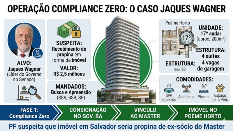 PF APONTA SUSPEITA DE APARTAMENTO DE R$ 2,5 MILHÕES PARA JAQUES WAGNER EM INVESTIGAÇÃO DO CASO MASTER