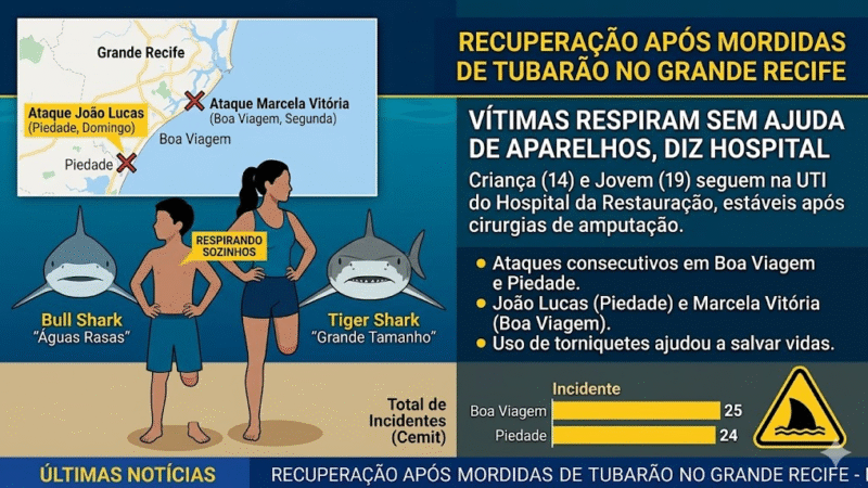JOVEM E CRIANÇA QUE PERDERAM PERNAS EM ATAQUES DE TUBARÃO NO GRANDE RECIFE DEIXAM RESPIRADORES E APRESENTAM MELHORA