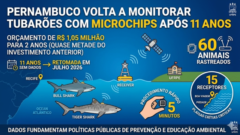 Após 11 anos parado, Pernambuco retoma monitoramento de tubarões com chips após novos ataques no Grande Recife