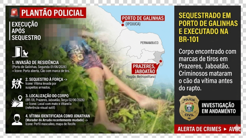 Homem é sequestrado em Porto de Galinhas e encontrado executado a tiros às margens da BR-101