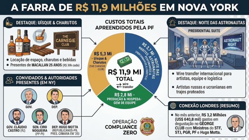 Planilhas apreendidas pela PF revelam festas de luxo de R$ 11,9 milhões bancadas por Daniel Vorcaro para políticos em Nova York