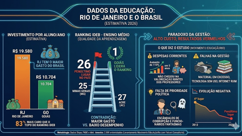 Estado que mais gasta por aluno no Brasil amarga penúltimo lugar em qualidade da educação