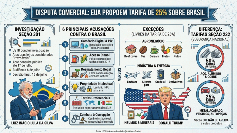 EUA avançam contra o Brasil e propõem tarifa de 25% sobre exportações após investigação de Trump