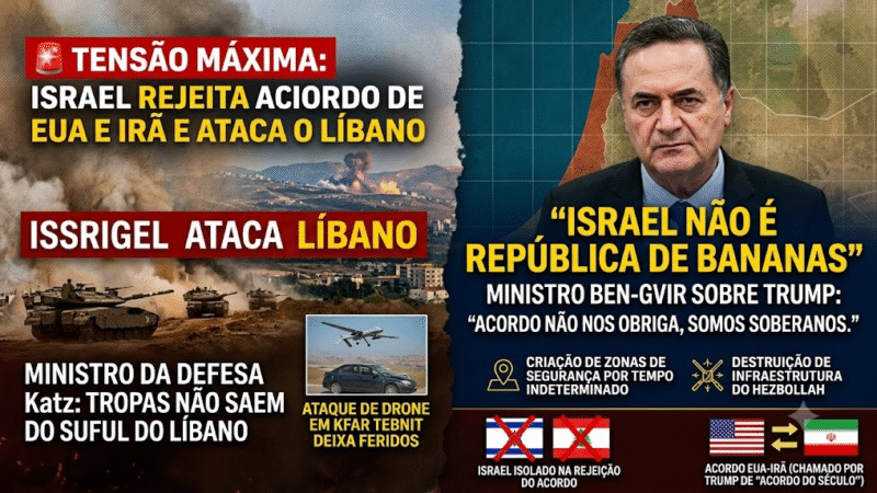 Israel desafia acordo entre EUA e Irã, ataca sul do Líbano e anuncia permanência militar por tempo indeterminado