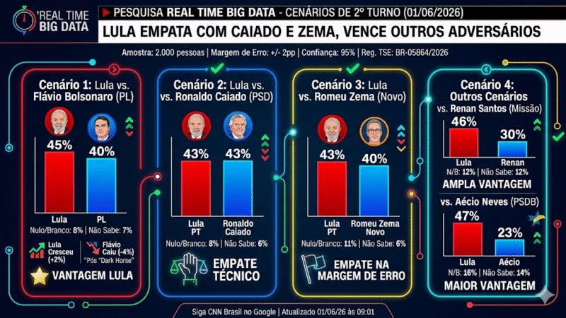 Pesquisa Real Time: Lula empata com Caiado e Zema no 2º turno e abre vantagem sobre Flávio Bolsonaro