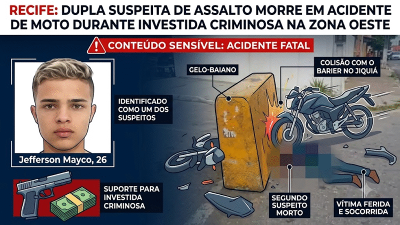 Suspeitos de assalto morrem após colisão de motos durante tentativa de roubo no Recife