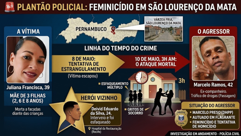 Mulher é assassinada a facadas pelo ex-companheiro na frente das três filhas em São Lourenço da Mata