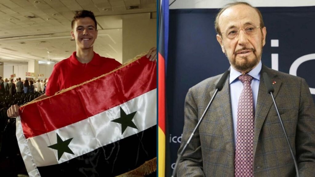 Filho de Rifaat al-Assad aparece segurando a bandeira da Síria.