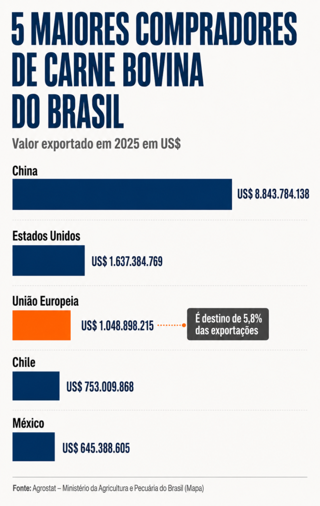 União Europeia é o terceiro maior destino da carne bovina brasileira em valor exportado.