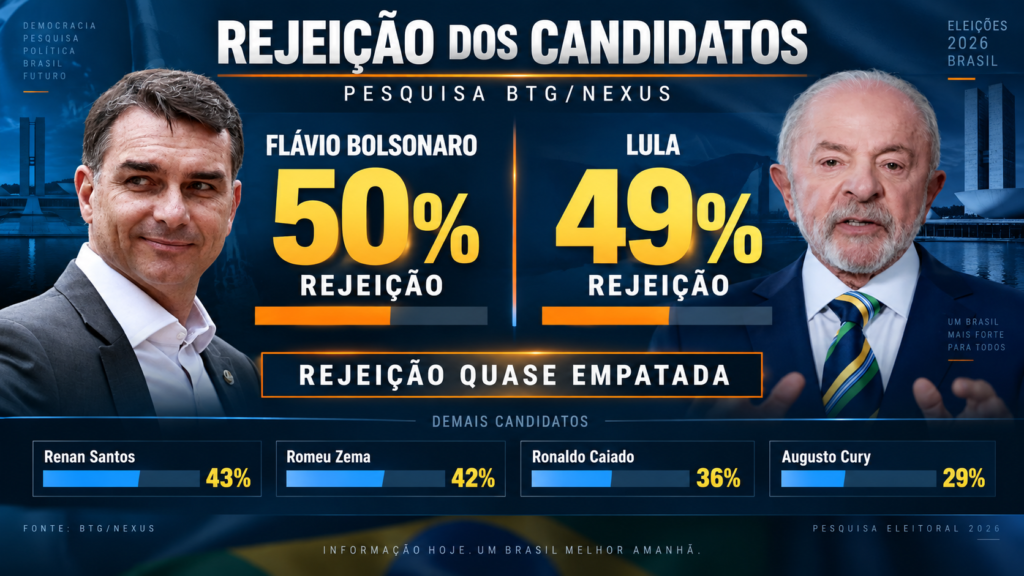 BTG/Nexus mostra rejeição próxima entre Flávio e Lula