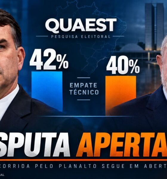 Flávio Bolsonaro e Lula em arte sobre pesquisa Quaest.