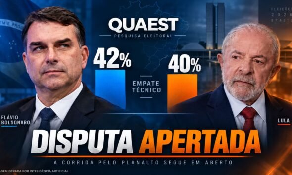 Flávio Bolsonaro e Lula em arte sobre pesquisa Quaest.