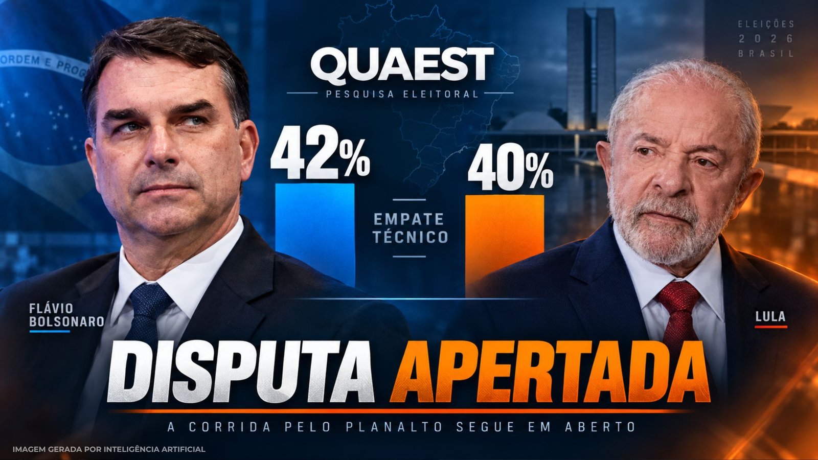 Flávio Bolsonaro e Lula em arte sobre pesquisa Quaest.