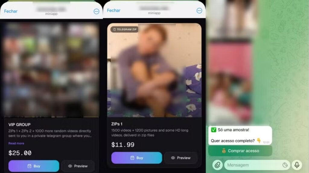 Capturas de anúncios e conversa sobre a venda de material de abuso sexual infantil no Telegram