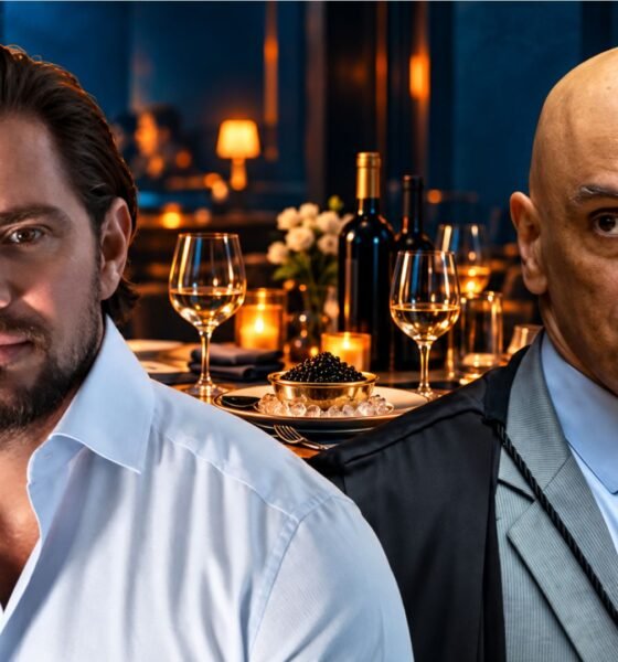 Montagem de Daniel Vorcaro e Alexandre de Moraes com vinhos e caviar ao fundo.