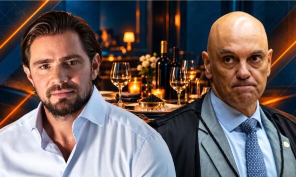 Montagem de Daniel Vorcaro e Alexandre de Moraes com vinhos e caviar ao fundo.