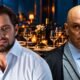 Montagem de Daniel Vorcaro e Alexandre de Moraes com vinhos e caviar ao fundo.
