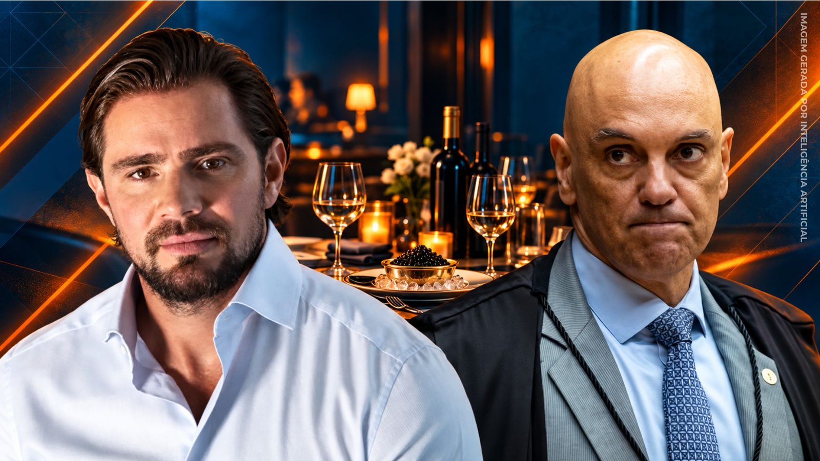 Montagem de Daniel Vorcaro e Alexandre de Moraes com vinhos e caviar ao fundo.