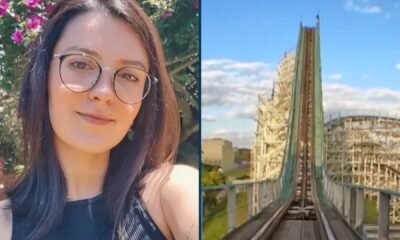 Júlia Bossoni ao lado de um registro da montanha-russa Montezum