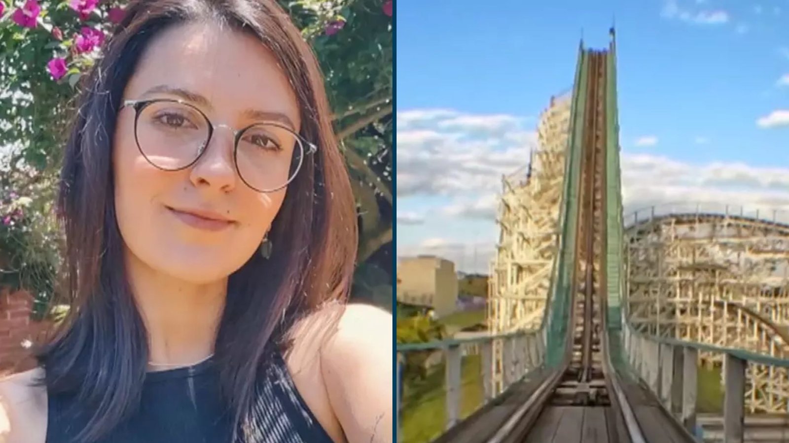 Júlia Bossoni ao lado de um registro da montanha-russa Montezum