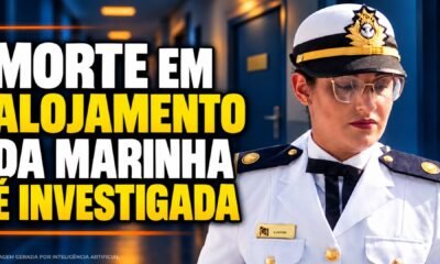 Ilustração de uma oficial da Marinha diante de um corredor, com chamada sobre investigação de morte em alojamento